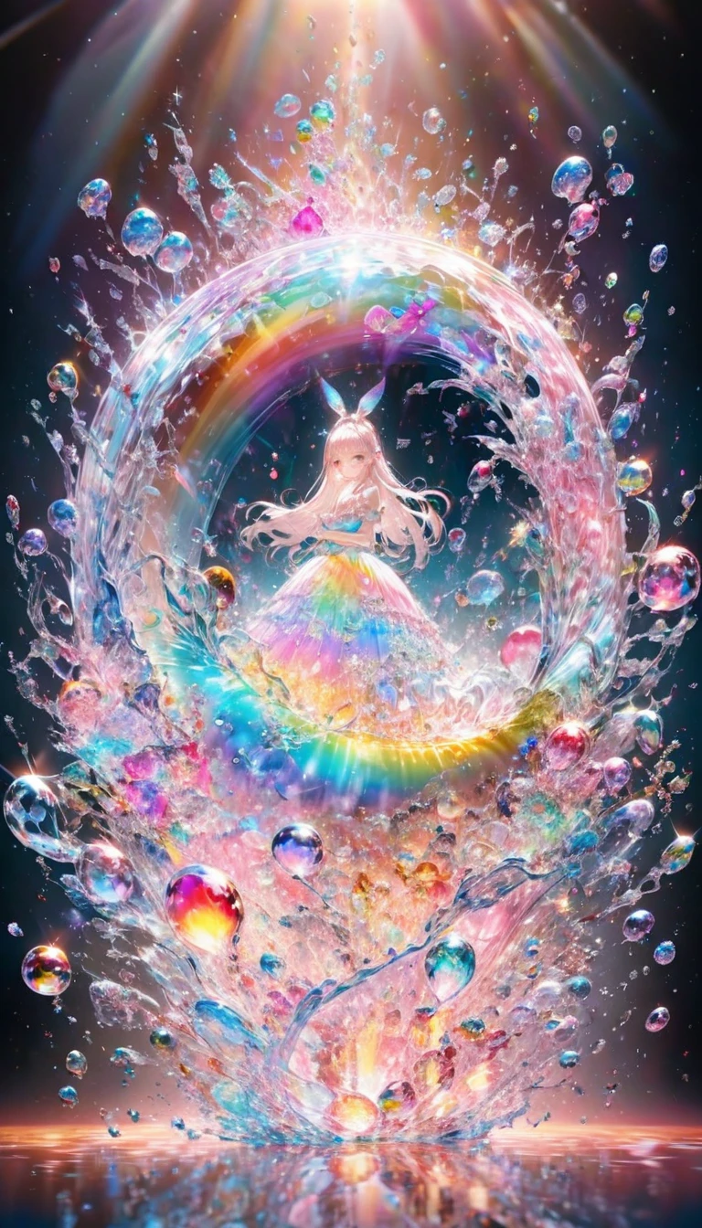 Shining in rainbow colors、Super detailed, 8k, Rainbow Glass, Iridescent水ガラスの中の水, Rainbow Bubble, Right blue water, nice, bright,16K, Ultra-high resolution, Ultra-high resolution, to be born,wonderful ,future、Iridescent、The world 30 years from now