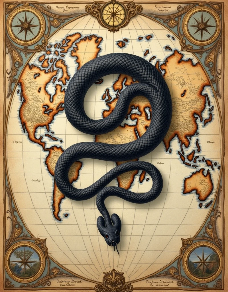 An ancient world map is displayed, featuring a depiction of a Black Mamba snake. The map shows intricate details with old-world cartography elements, and the Black Mamba is illustrated in a stylized manner, highlighting its presence in historical context.