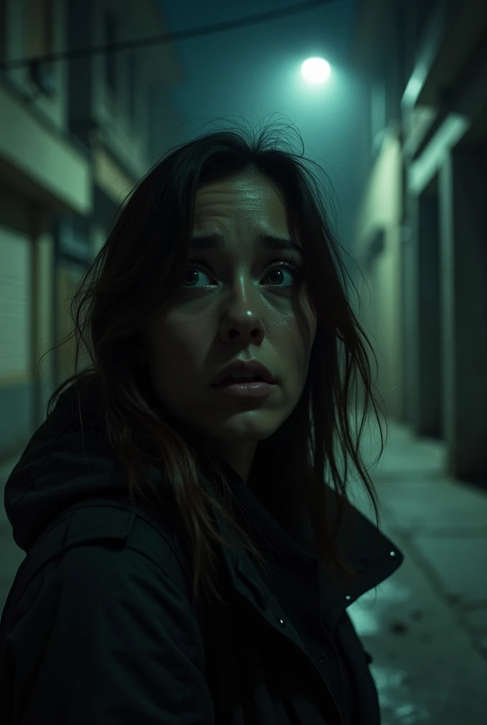 It shows a woman walking alone on a dark and deserted street in the city of La Paz.. (Bolivia), She is nervously looking around. This woman is shown in close-up with her worried face when she hears noises behind her.