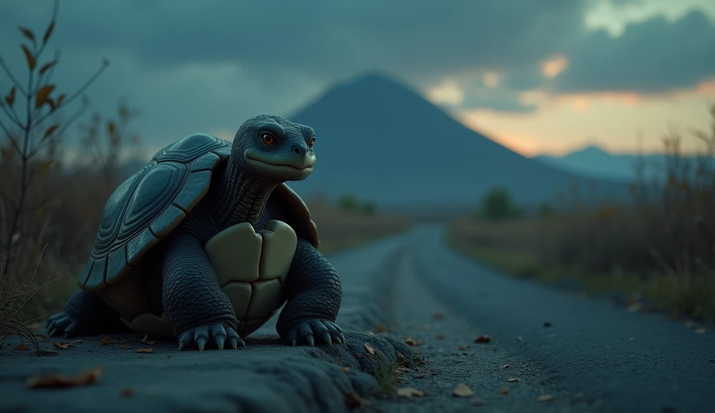 Description: "teo, the turtle, is sitting on a stone, looking at the floor, with an expression of discouragement. He is in the middle of the road, with the top of the mountain still very far away. The sky is starting to darken, and the surrounding landscape is cold, with a gentle wind stirring the plants and dry leaves around. The scene has an introspective tone, with soft lights and an air of melancholy, but still maintaining the soft, emotional glow of the Disney Pixar style. Detalhes da pele de teo e da casca são realistas, reflecting the tiredness of the journey."