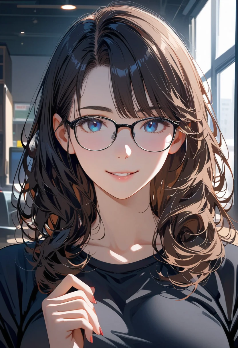 (best quality,4K,8K,high resolution,masterpiece:1.2),Very detailed,(Practical,photoPractical,photo-Practical:1.37),1 person,Mature man,Beautiful Skin、contour、very handsome,wear glasses，Black curly hair,Smile,,blue eyes,Sharp eyes,Undoubtedly perfect face,Office Background,Cinema Lighting,hdr image,Black T-shirt