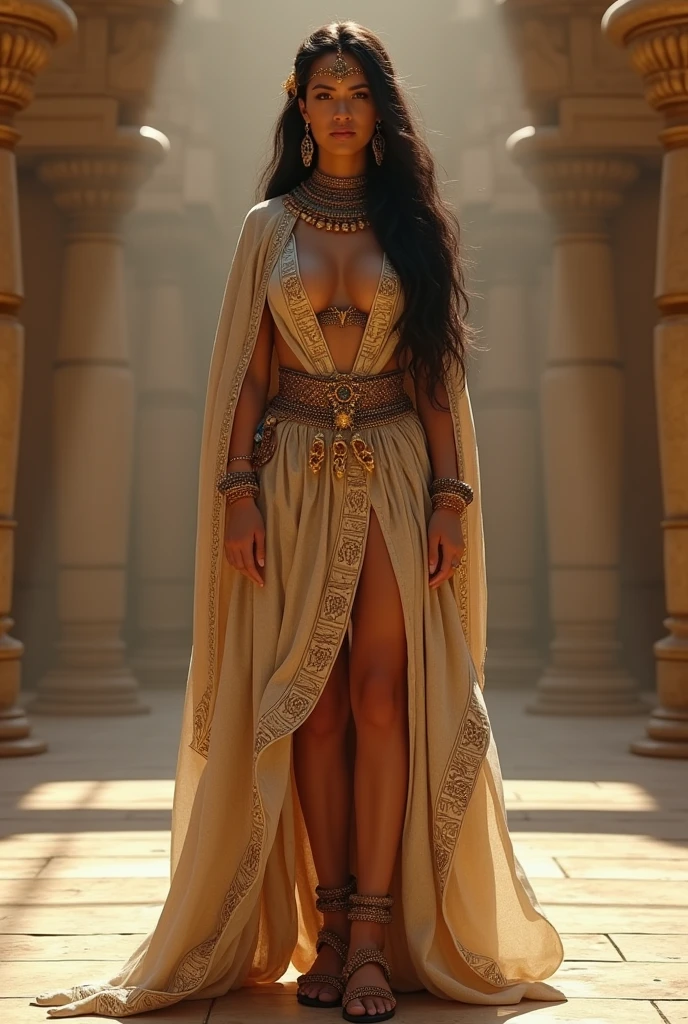nsfw, (Best quality 4K, high resolution, masterpiece:1.2), (character concept art, ((a provocative Queen of an ancient Sumerian Kingdom)), ((full-body showcase)), She is regal and alluring, her long hair styled elaborately and adorned with gold or silver hairpins, (She is wearing a sensual and revealing robe made of fine linen in earthy tones), with intricate embroidery along the borders featuring Sumerian script and symbols of power, A belt of woven gold thread is tied around her slender waist, Her outfit is further enhanced by gold or bronze jewelry, including a crown, large hoop earrings, bangles, and a necklace adorned with lapis lazuli and carnelian beads, Her footwear is simple, yet elegant leather sandals, Her gaze is commanding and seductive, reflecting her status as a queen, The image evokes an aura of royal allure and supreme authority, set against an impressive royal palace backdrop.