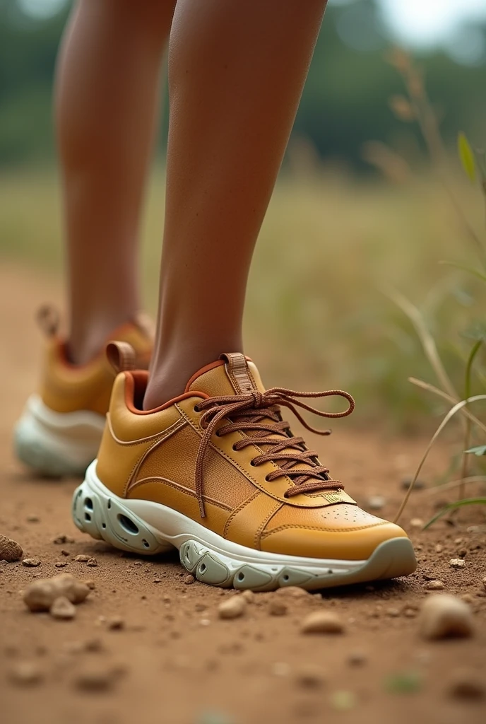 Une chaussure de tennis sportif en cuire en forme d'un animal  à l'aspect du lion dans les pieds d une femme.  et écologique. 