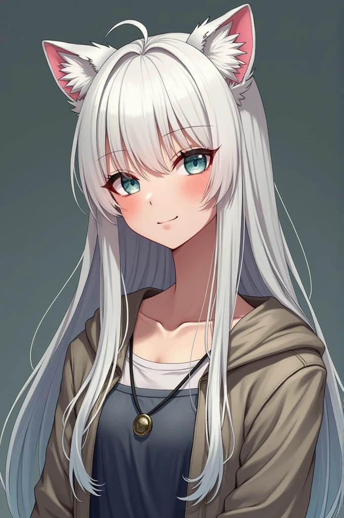 White haired girl with long hair wolf cut, and cheerful, friendly and unique , and medium chest