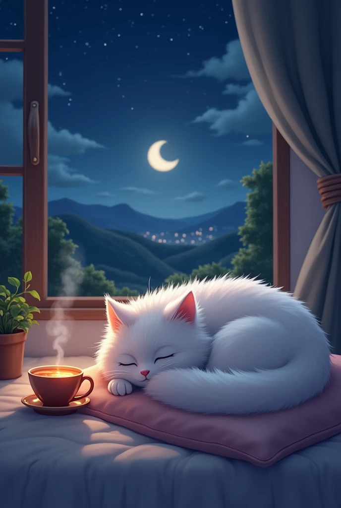 Cat sleeping on pillow, steaming tea, ,A window with a beautiful view, Night Sky, moon. YouTube Size, White fluffy cat