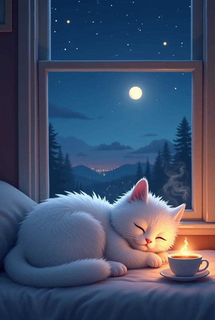 Cat sleeping on pillow, steaming tea, ,A window with a beautiful view, Night Sky, moon. YouTube Size, White fluffy cat