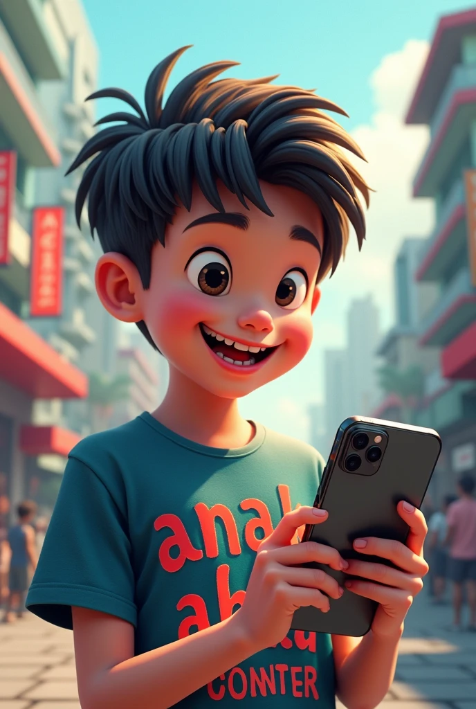 Make a crazy boy who is holding a iPhone 15 pro max, wear tshirt with text "anak abah"