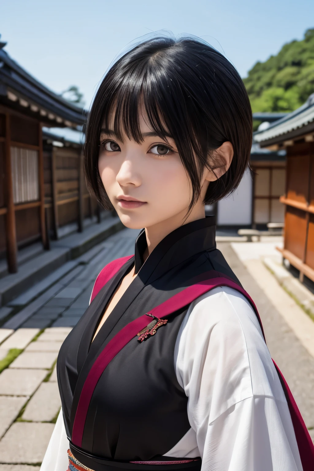 Japan, Sengoku period, beautiful girl, Japanese anime, black hair, short hair, cool eyes, kunoichi