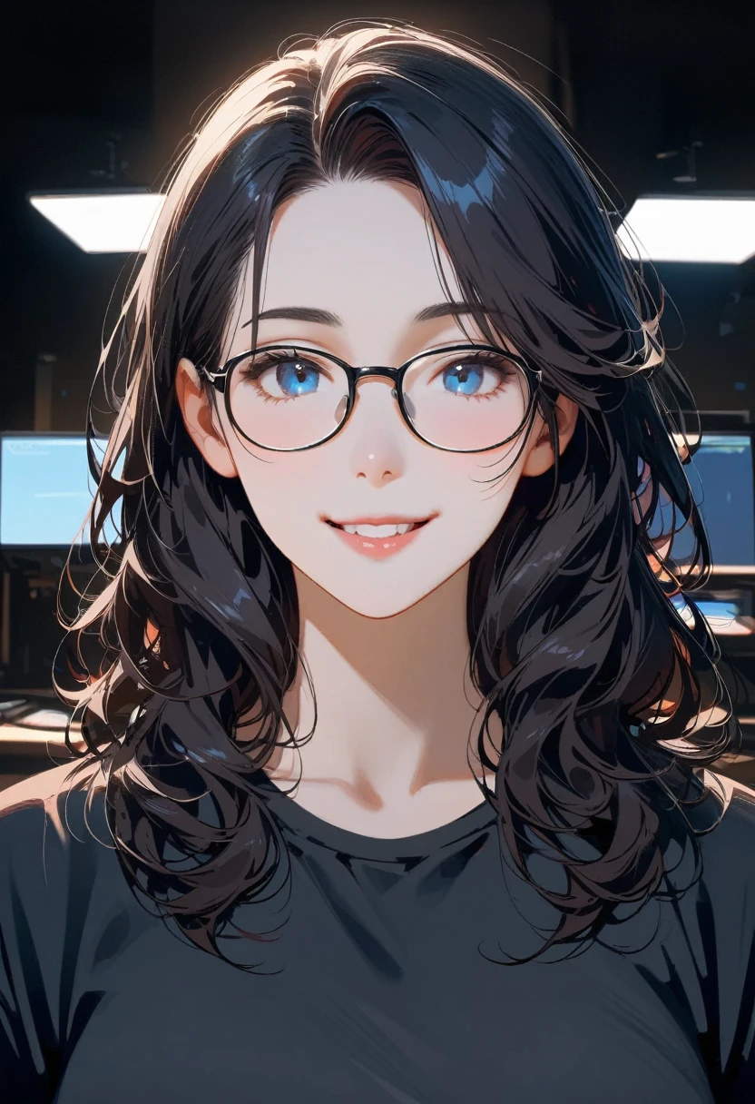 (best quality,4K,8K,high resolution,masterpiece:1.2),Very detailed,(Practical,photoPractical,photo-Practical:1.37),1 person,Mature man,Beautiful Skin、contour、very handsome,wear glasses,Black curly hair,Smile,,blue eyes,Sharp eyes,Undoubtedly perfect face,Office Background,Cinema Lighting,hdr image,Black T-shirt