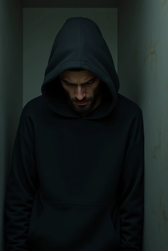 create a guy with severe depression in a dark room with a black sweatshirt