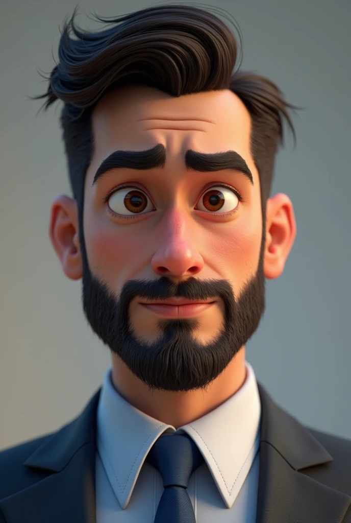 32 year old man ,Pixar-style ,no smile , with business attire with blue detail, Dark brown hair color , Brown eyes , And with a beard