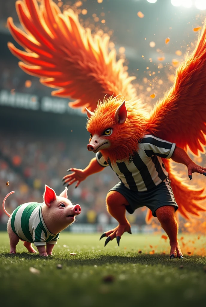 A phoenix dressed in a black and white striped shirt spitting fire at a scared pig dressed in a white and green shirt in a football stadium