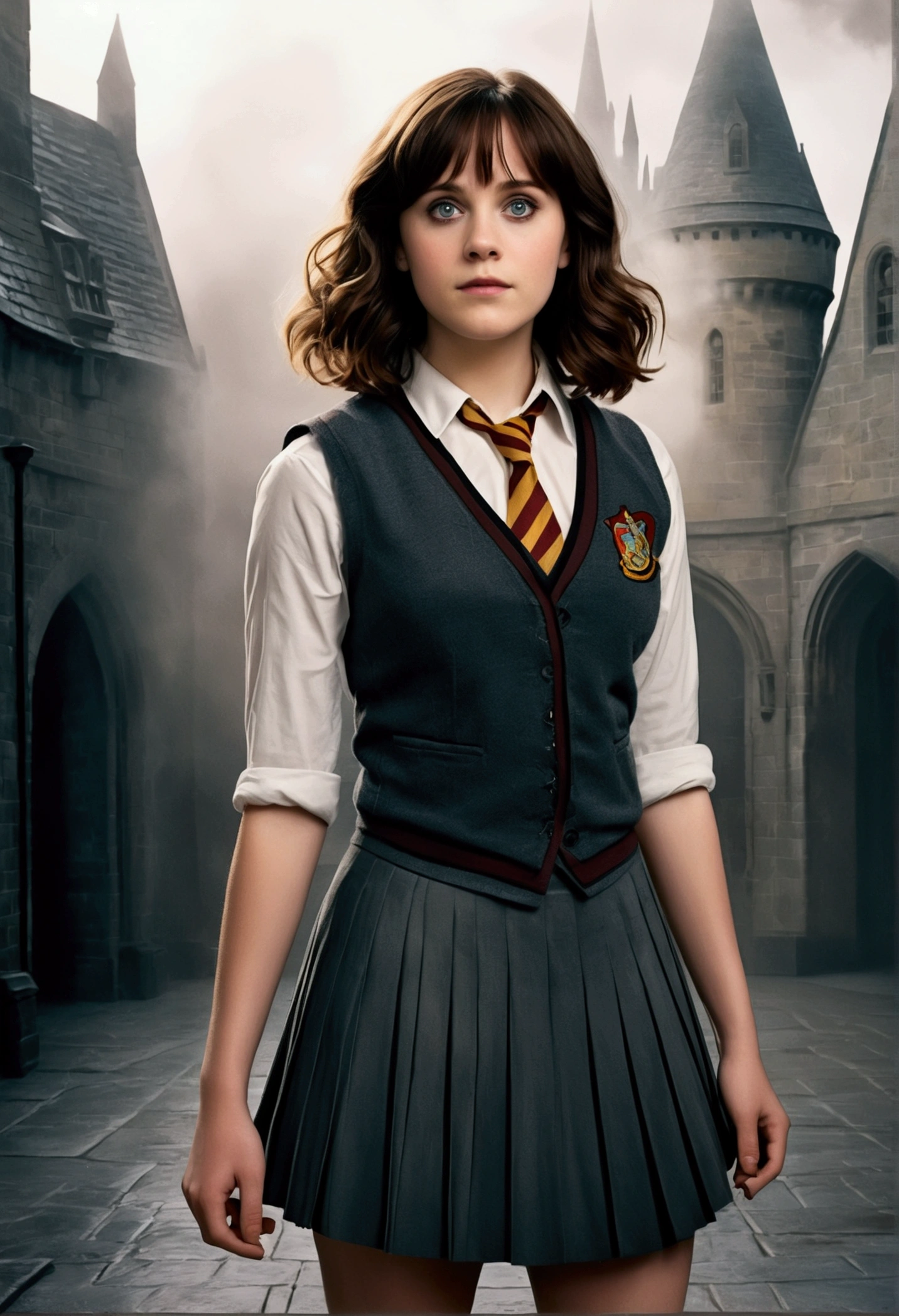 An illustrated movie poster, hand-drawn, full color, a teenage Hogwarts student, female, wearing a charcoal vest and a pleated skirt, athletic hourglass figure, full wide hips, massive round butt, long shapely legs, ridiculously thick powerful thighs, vibrant eyes, deep dark auburn hair, short curly bob cut, flushed sun-kissed complexion, freckles, resembles a young Zooey Deschanel, standing in a foggy Hogwarts courtyard, surrounded by mist, graphite shading, stencil marks, airbrushed acrylic paint, masterpiece, close-up shot, in the Deathly Hallows 
