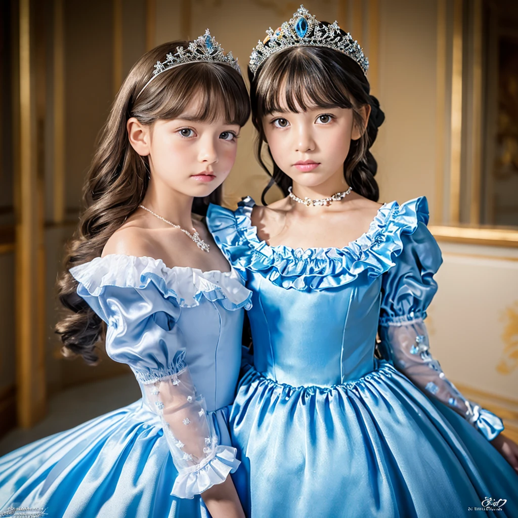 ,Highest quality, masterpiece, Highest Resolution, artwork, 3K realistic photo,,((10-year-old European girl)),Super detailed baby face,Both are princesses,detailed luxury tiara,Full-length ball gown dress with hoop skirt,Frilled yoke collar,Fine braided ribbons on the chest,Puff sleeves,Long sleeve,((blue princess satin dress in a retro style、Lots of frills and ribbons。)),crazy&#39;Colorful Fashion,Glossy silk satin dress,Soft and smooth blue silk satin fabric,luxury,Very long blonde hair,blue eyes,White skin European,((Inside the palace)),Gorgeous flowing dress,,Drawers full of frills,,((((On the blue bed)))),On a luxurious canopy bed,On a huge wide blue bed,Purple pillow with lots of frills,blue silk satin curtains with luxurious ruffles and ribbons surround the bed.,Princess sitting on bed,(((Both legs are completely hidden in the dress))),,Detailed bed sheets,