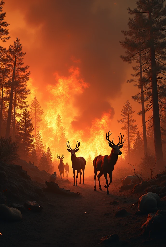 a forest on fire with sad animals