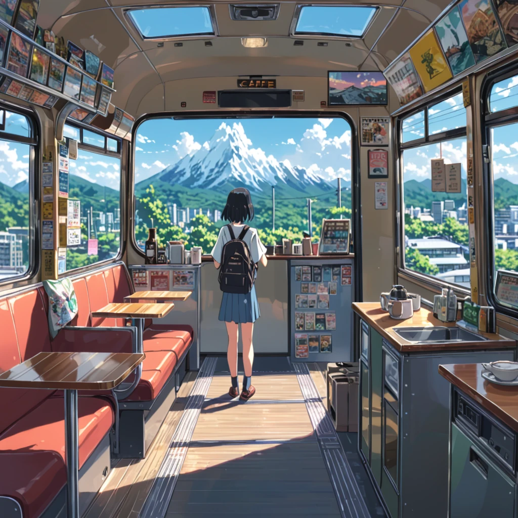((anime:1.4,illustration)),(masterpiece, top quality, best quality),(ultra-detailed, absolutely resolution),((16k, high res)), (((cafe in side of bus))), ((anime:1.4,illustration)),(masterpiece, top quality, best quality),(ultra-detailed, absolutely resolution),((16k, high res)). BREAK {lofi art, style of Laurie Greasley, style of Makoto Shinkai, anime aesthetic}, BREAK { (produces images with information than 40 million pixels with cinematic-like detailed textures shot on a Sony SLR).}