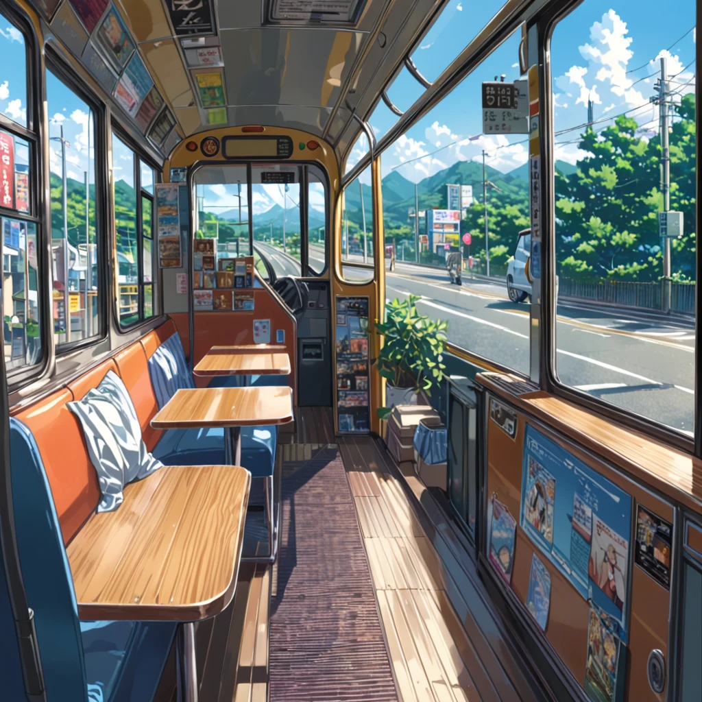 ((anime:1.4,illustration)),(masterpiece, top quality, best quality),(ultra-detailed, absolutely resolution),((16k, high res)), (((cafe in side of bus))), ((anime:1.4,illustration)),(masterpiece, top quality, best quality),(ultra-detailed, absolutely resolution),((16k, high res)). BREAK {lofi art, style of Laurie Greasley, style of Makoto Shinkai, anime aesthetic}, BREAK { (produces images with information than 40 million pixels with cinematic-like detailed textures shot on a Sony SLR).}