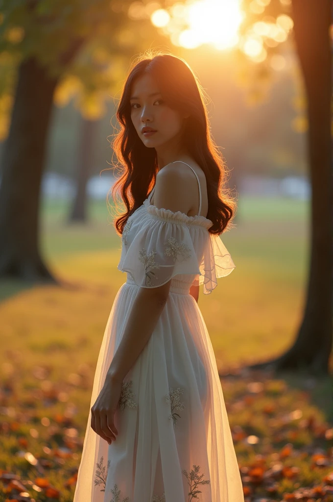 image of a korean woman standing in a park during the golden hour , with sunlight filtering through the trees. The person is wearing a white off-shoulder dress with floral patterns , and their face is obscured by a shadow. The background is softly focused , featuring scattered fallen leaves and the ambiance of a peaceful late afternoon.
