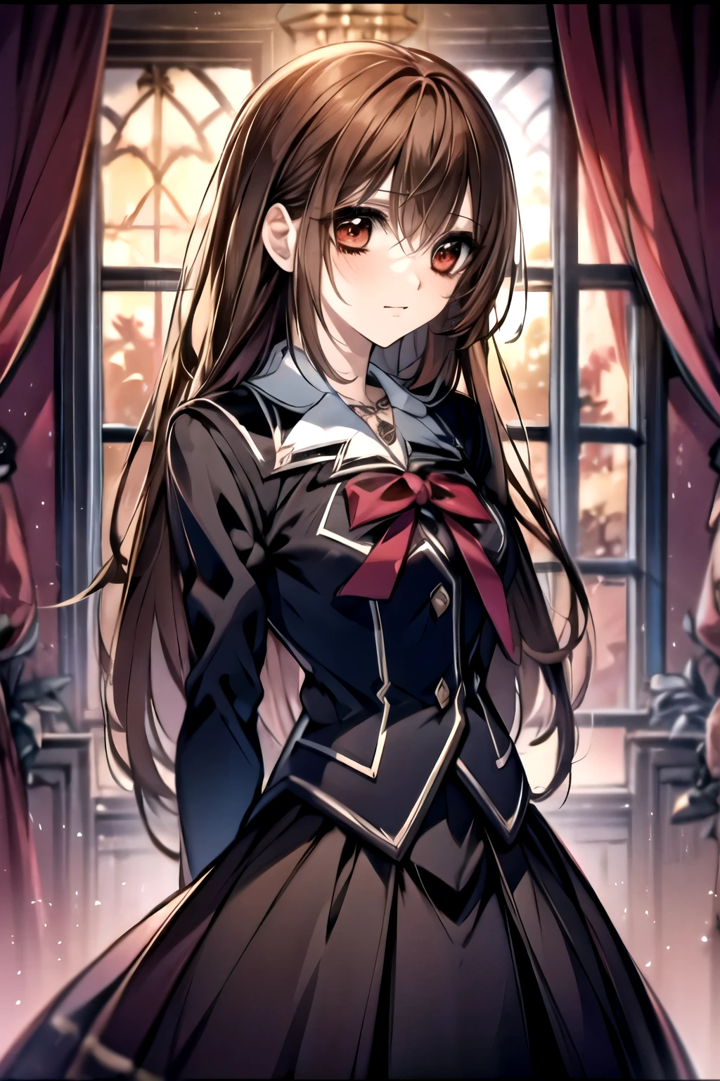 (absurdres, highres, ultra detailed, HDR), masterpiece, best quality, Yuki Cross, 1woman, solo, beautiful, (long brown hair), vibrant red eyes, finely eye and detailed face, window, red curtains, black uniform, vampire knight, (arms behind back), solid crimson background,