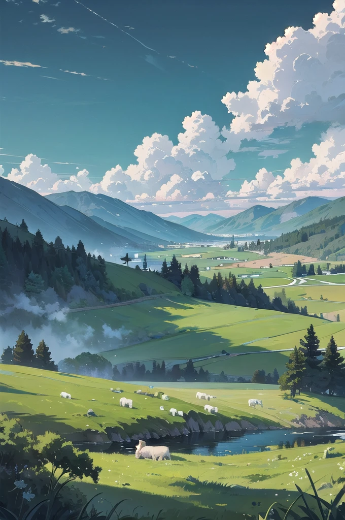 A shepherd rests his flock of white sheep by a stream, Near a vast green pasture, There is a valley of dark clouds in the distance, There's an abyss beneath the valley, Dark Clouds of the Abyss, HD detailed, Super detailed, Soft Light, Deep focus bokeh, Ray Tracing.
