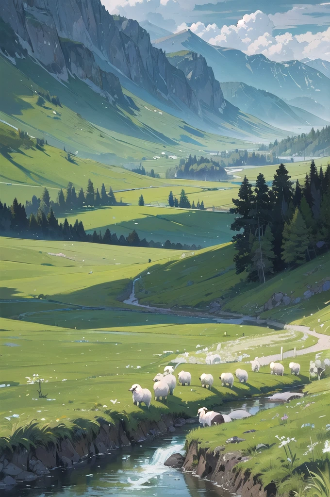 A shepherd rests his flock of white sheep by a stream, Near a vast green pasture, There is a valley of dark clouds in the distance, There's an abyss beneath the valley, Dark Clouds of the Abyss, HD detailed, Super detailed, Soft Light, Deep focus bokeh, Ray Tracing.