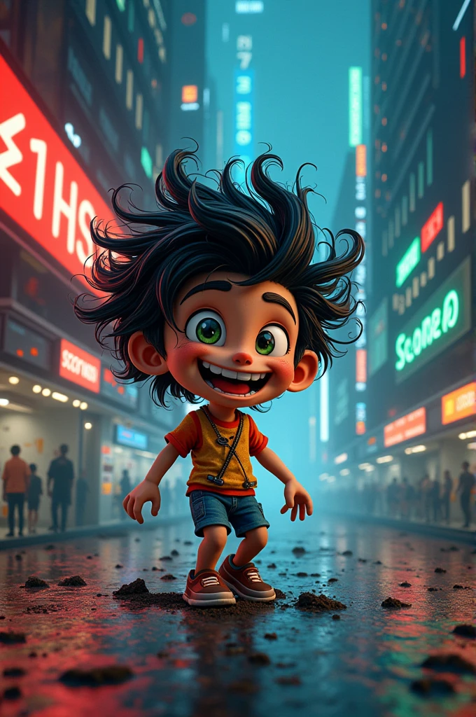 Make an image of the character Cascão, with a background of financial market data