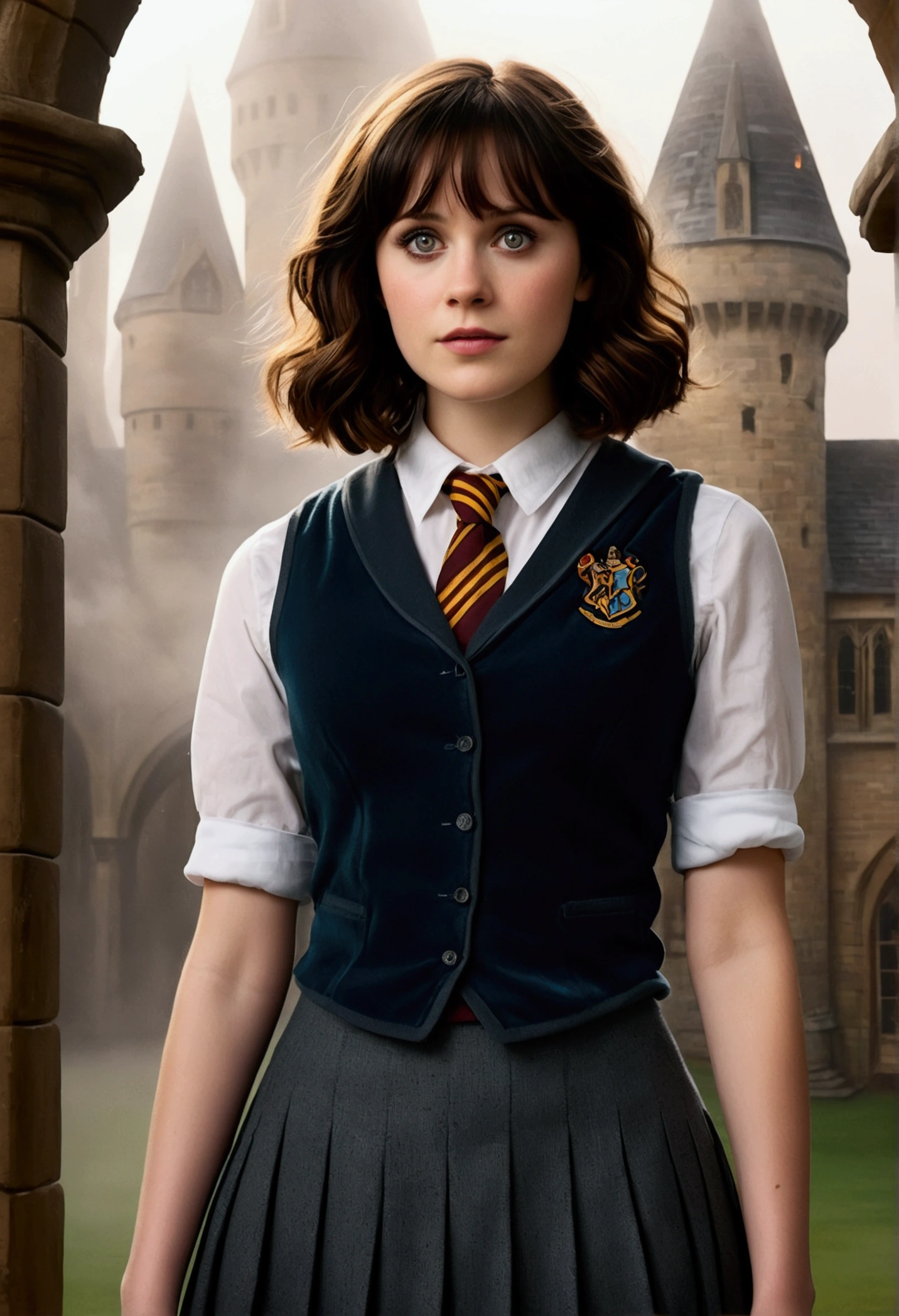 An illustrated movie poster, hand-drawn, full color, a teenage Hogwarts student, female, wearing a charcoal vest and a pleated skirt, athletic hourglass figure, full wide hips, massive round butt, long shapely legs, ridiculously thick powerful thighs, vibrant eyes, deep dark auburn hair, short curly bob cut, flushed sun-kissed complexion, freckles, resembles Zooey Deschanel, standing in a foggy Hogwarts courtyard, surrounded by mist, graphite shading, stencil marks, airbrushed acrylic paint, masterpiece, close-up shot, in the Deathly Hallows