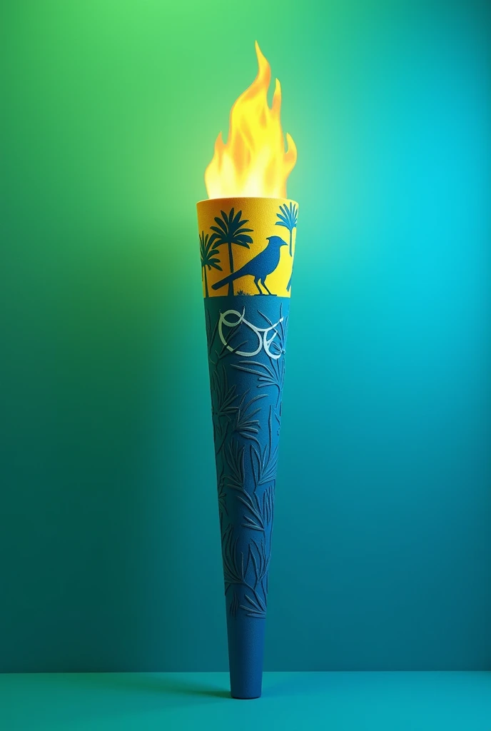 I need you to generate an Olympic torch that contains the following elements: the blue jay and the araucaria pine that represent the state of Paraná, and the colors that should be used are green and blue. the torch I want something simple I need something with a creative design that can be used and done in real life