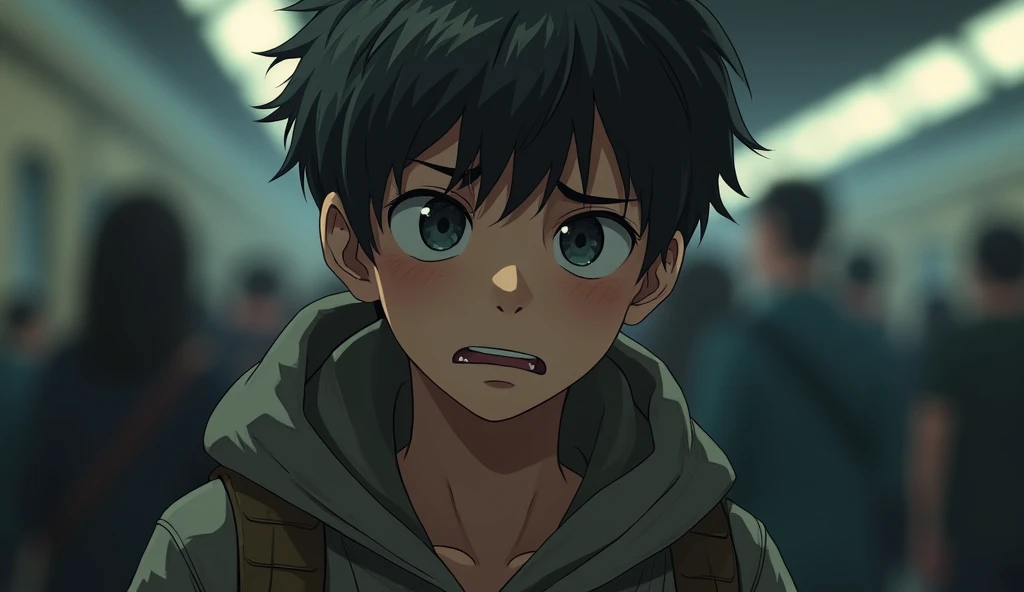 Exhausted expression given by adult boy due to long trip