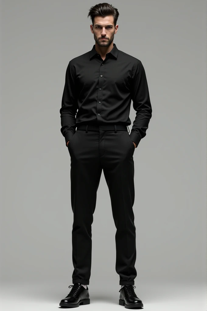 Man dressed in black long sleeve shirt black dress pants black sports shoes