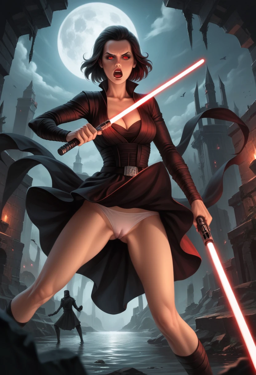 Sith Rey Skywalker, red eyes, holding a red lightsaber with both hands, wears a red mini dress with a cleavage, exposed vagina,in sith ruins near a river, dinamic pose, fighting pose, behind there is a robot, orgasm face, upskirt, without panties, at night, mid shot