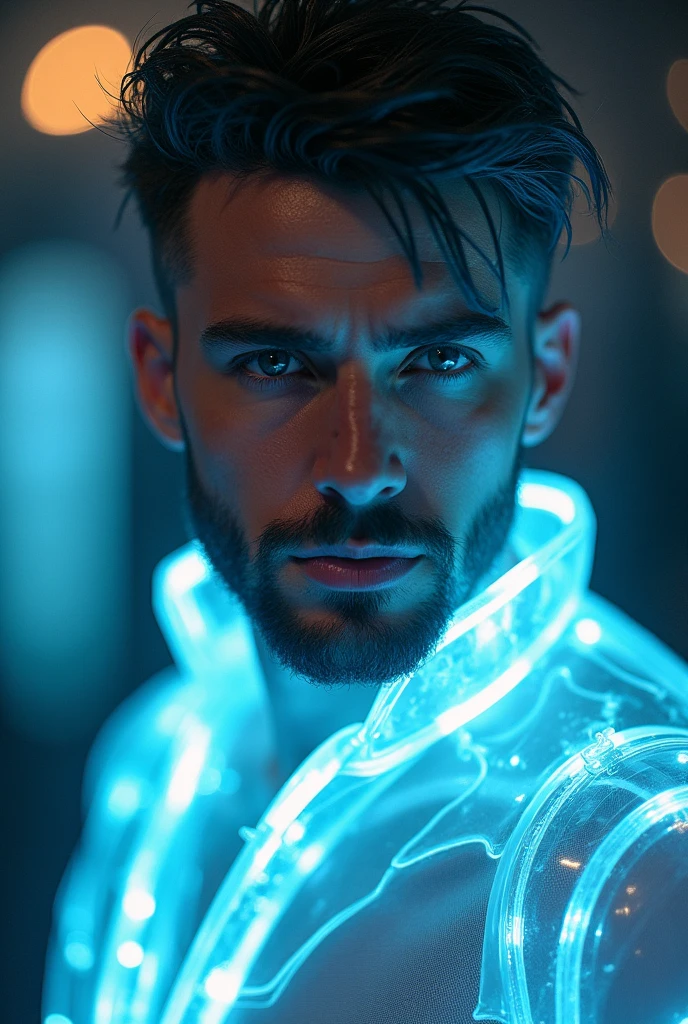 30 years old man, stubble, wearing transparent see-through futuristic clothes, breathtaking grandeur, LED internal lighting, cyberpunk style, fibre optic hair, glowing blue iris, muscular, best quality, masterpiece, intricate details, dynamic pose, dynamic angle, (surreal), (illustration), ((oil painting \(medium\):1.2)), sharp focus, soft lighting, vibrant colors, cinematic photography, dynamic angle, volumetric lighting, film grain, hard shadows