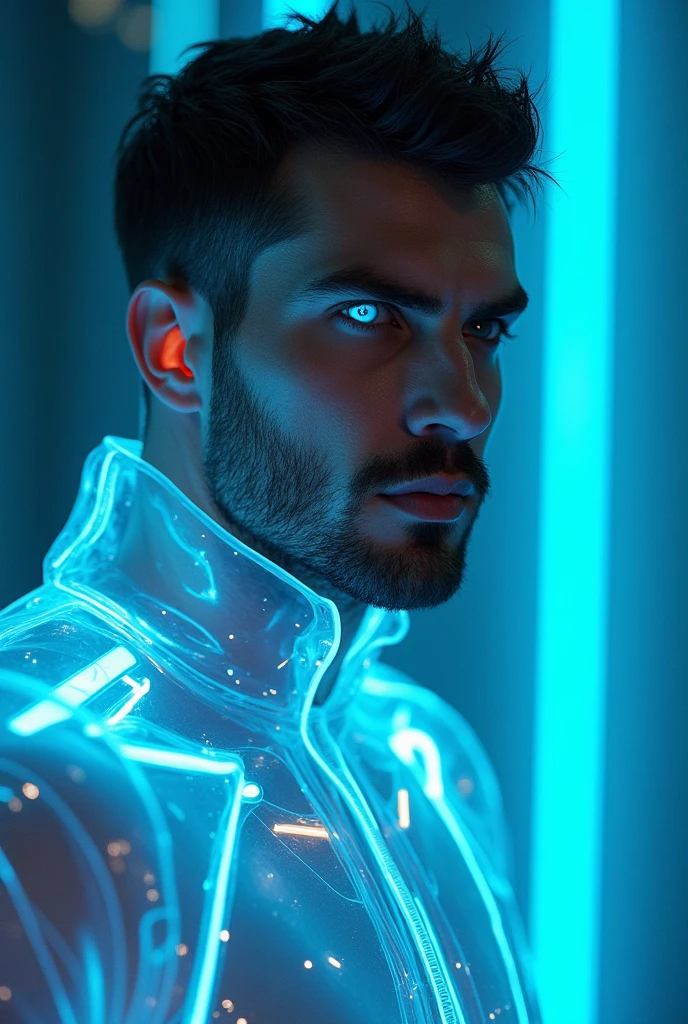 30 years old man, stubble, wearing transparent see-through futuristic clothes, breathtaking grandeur, LED internal lighting, cyberpunk style, fibre optic hair, glowing blue iris, muscular, best quality, masterpiece, intricate details, dynamic pose, dynamic angle, (surreal), (illustration), ((oil painting \(medium\):1.2)), sharp focus, soft lighting, vibrant colors, cinematic photography, dynamic angle, volumetric lighting, film grain, hard shadows