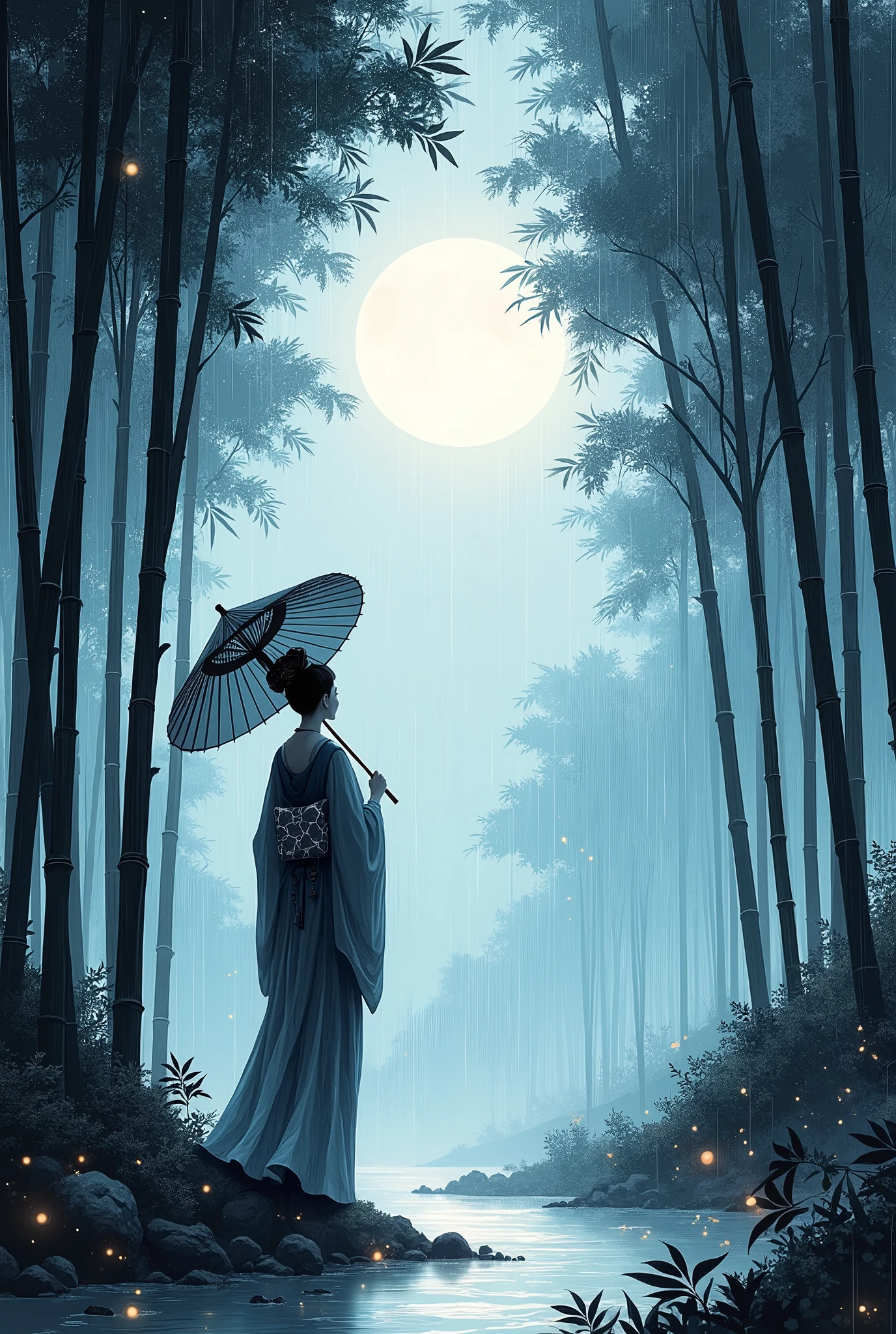 dynamic ink painting of a bamboo grove of japan, black and white,monochrome, great art, great sense of depth, ground level shot, the most beautiful bamboo grove in the world, bamboo leaves shining through rainwater, moon\(pale blue\) with a light overcast, beautiful woman\(ancient Japanese noble, beautiful kimono, beautiful long black hair\) looking up at the moon holding an umbrella,raining softly, fireflies flying around, bamboo leaves are placed three-dimensionally in the foreground, long distance shot