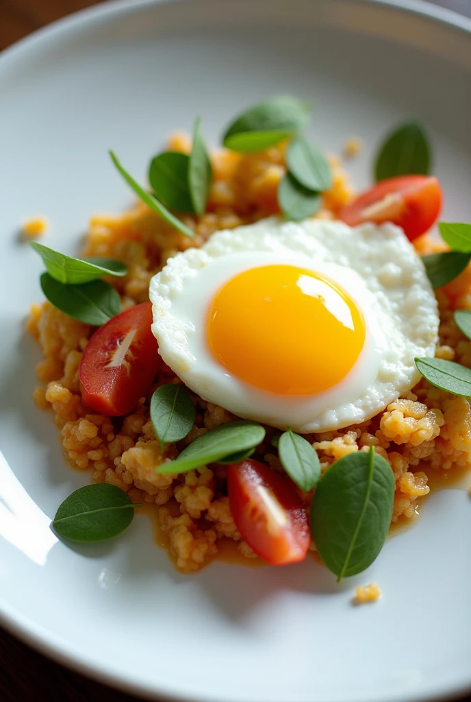 Ang nice, simple and clear plating of an egg dish. Mind the starch, protein, sauces, vegetables, and garnishes. Take note of the height, width of the food components