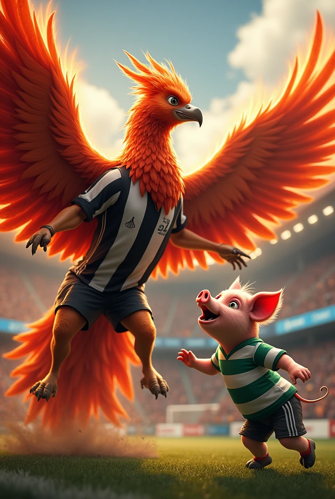 A phoenix dressed in a black and white striped shirt spitting fire at a scared pig dressed in a white and green shirt in a football stadium 