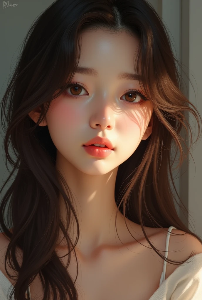 A picture of a Korean girl with long brown hair and brown eyes and a clear skin
