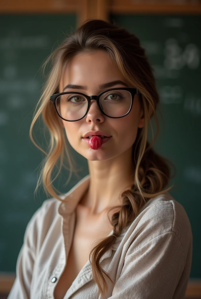 Sexy Teacher with glasses takes it in her mouth a penis