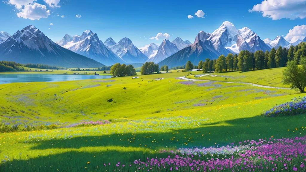summer, Pasture, Some small flowers, Clear lake, sheep, heaven, Big Clouds, blue sky, Hot Weather, HD detailed, Super detailed, Cinematic, Surrealism, Soft Light, Deep focus bokeh, The distant view is of snowy mountains, Ray Tracing, and Surrealism. --v6
