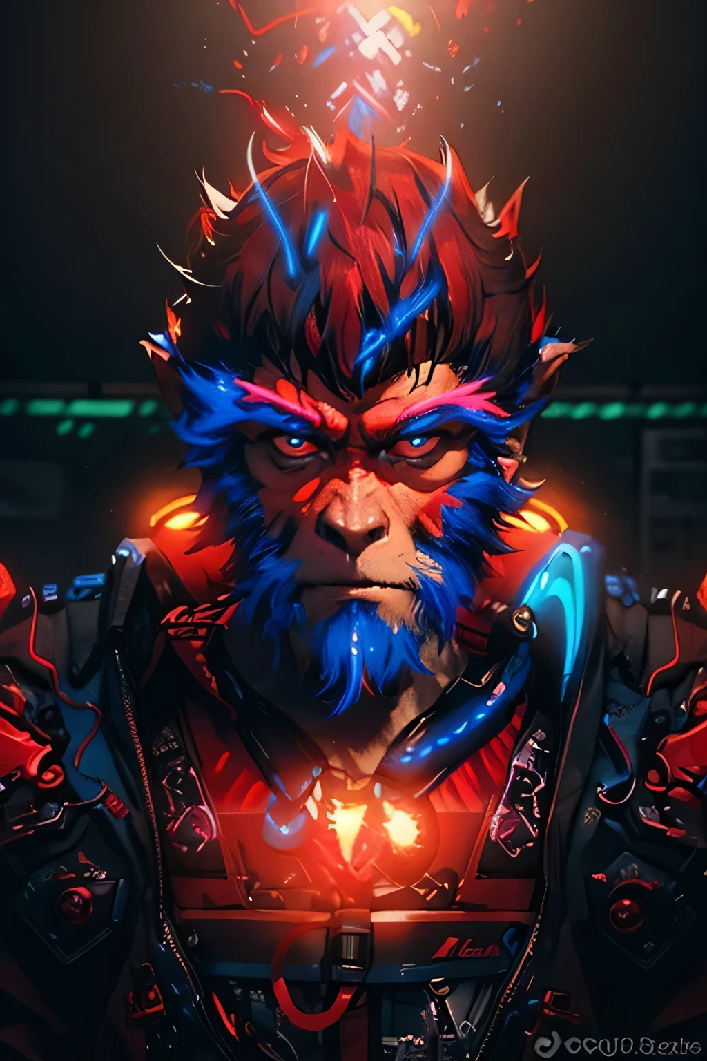 (A monkey man), Cyberpunk, (1 Samurai), (2netrunners), (Street ???), (Neon Blue 1:1), best quality, (Neon Red 1:2), Higher details, masterpiece, Dirty future city, (Ray Tracing), City Lights, Crowded streets, HDR, 4K, 8K, 3d