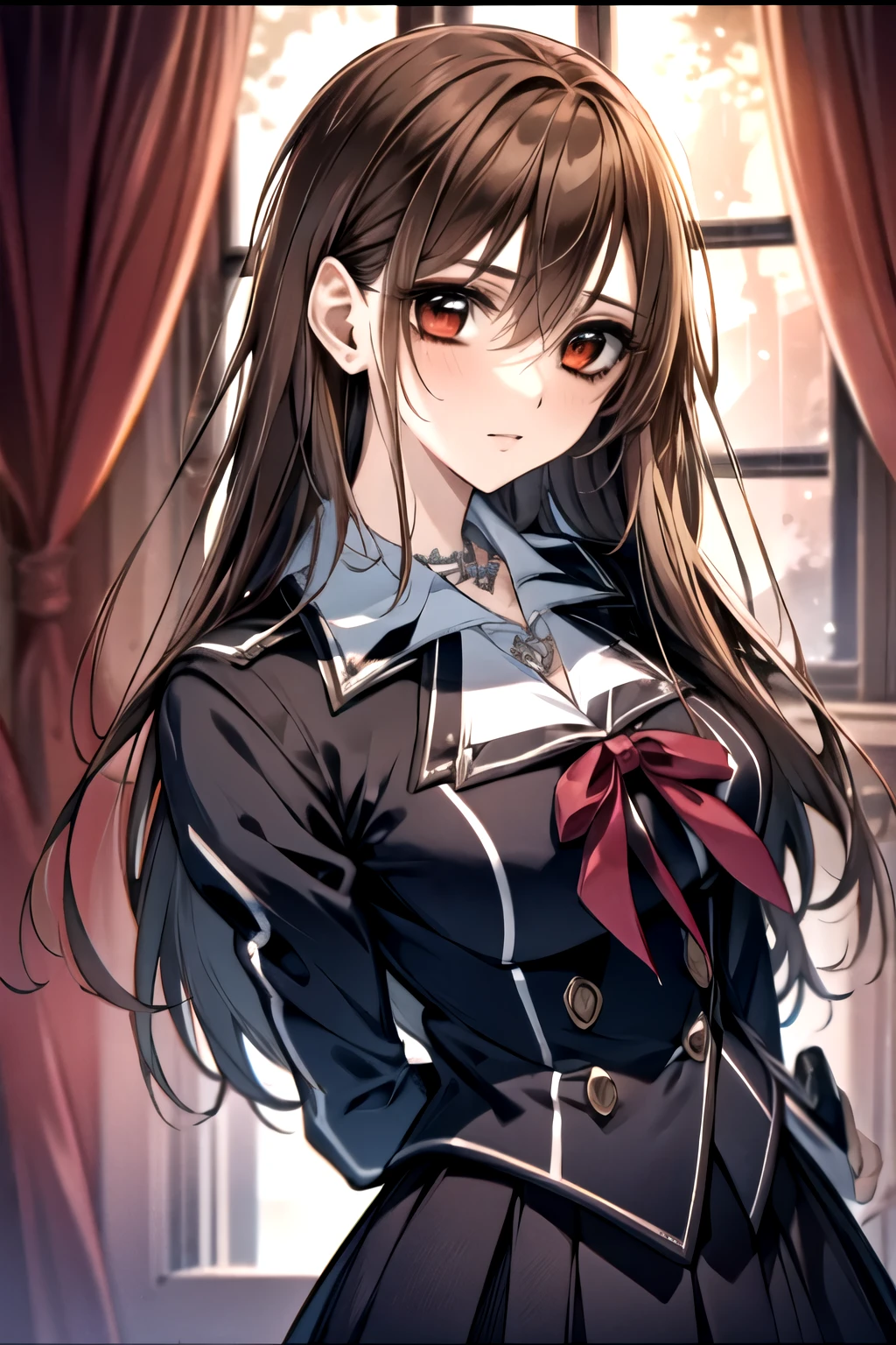 (absurdres, highres, ultra detailed, HDR), masterpiece, best quality, Yuki Cross, 1woman, solo, beautiful, (long brown hair), vibrant red eyes, finely eye and detailed face, window, red curtains, black uniform, vampire knight, (arms behind back), solid crimson background, (portrait), 