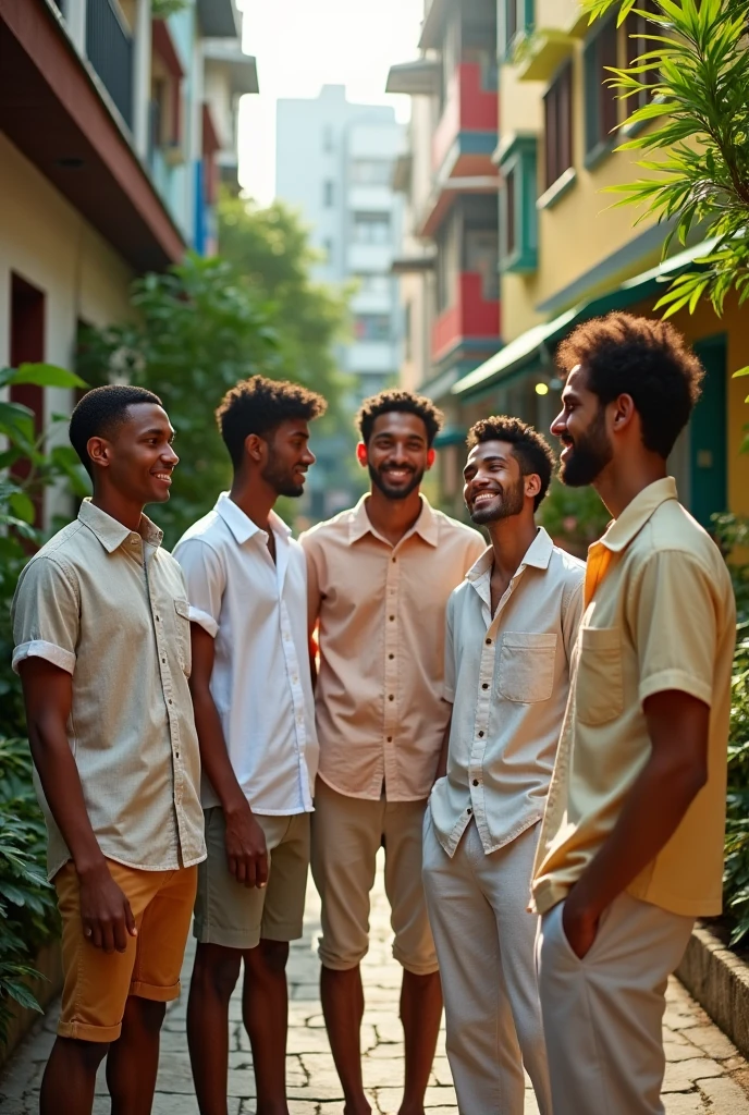 A group of stylish people in São Paulo, Brazil, wearing Yochan atelier's custom-designed shirts in shades of green and brown. The shirts feature a rustic yet modern aesthetic with subtle pastel tones. The people are casually interacting, showcasing the personalized designs, surrounded by lush greenery and a vibrant urban environment. The image captures a fresh and youthful vibe, blending Yochan's unique style with the city's energy. The scene is lively and inviting, with a natural, relaxed atmosphere. Photographed by Mario Testino, using a Canon EOS 5D Mark IV with a 50mm lens, the lighting is a mix of natural sunlight and studio lighting, creating a warm and vibrant effect.