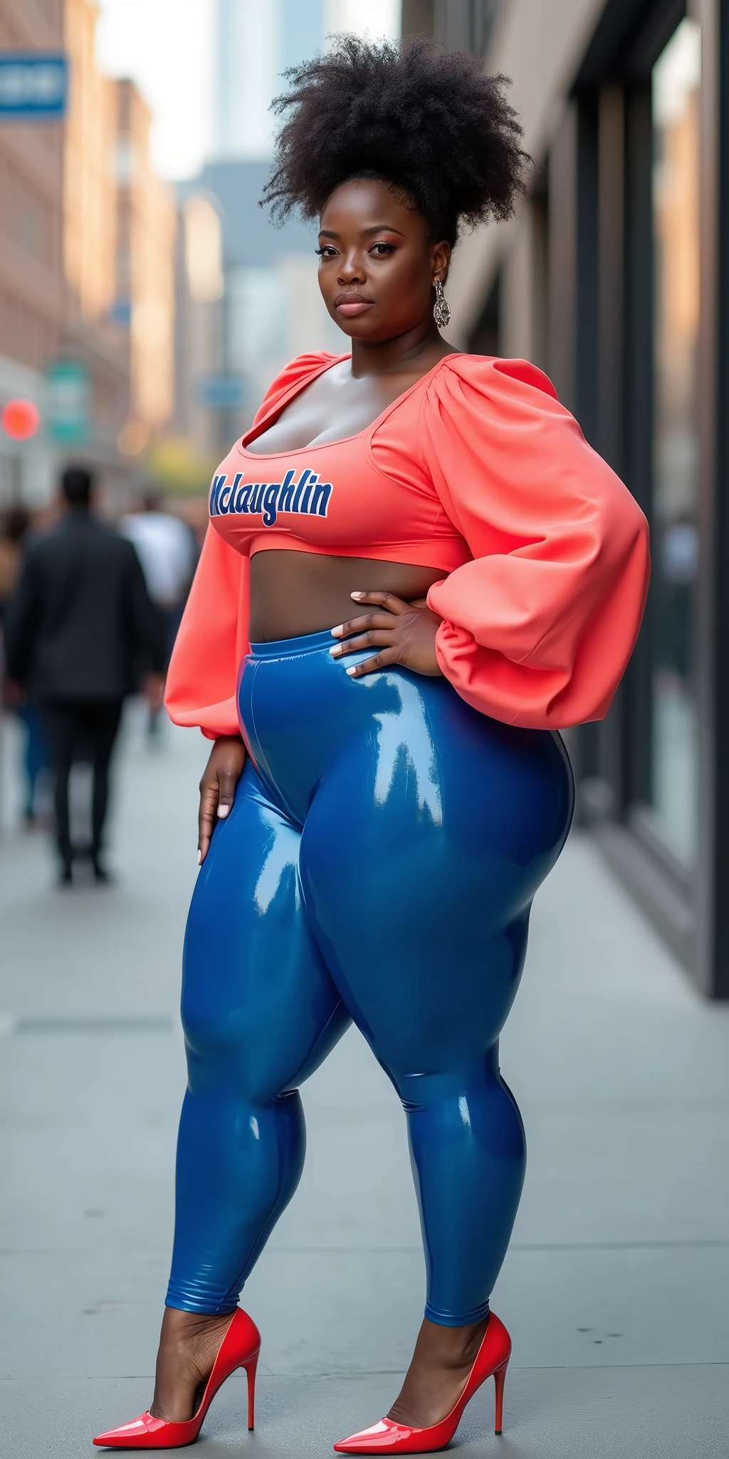MASSIVE BUTTOCKS, blue translucent plastic leggings, UHD, city sidewalk, She's a dark skin melanin Queen with tiny thin waist, side body, coral 🪸 blouse says "McGlaughlin", best quality, swanky hair, High resolution image, tapered muscular abs waist:2, puffy sleeves, no nudity