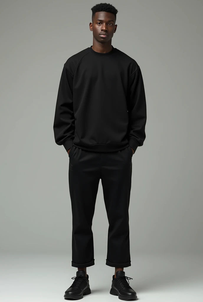 Man dressed in black long sleeve t-shirt black dress pants black sports shoes