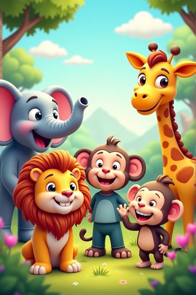 Cute, smiling cartoon animals like a lion, elephant, monkey, and giraffe. Make them look friendly and playful .thumnail