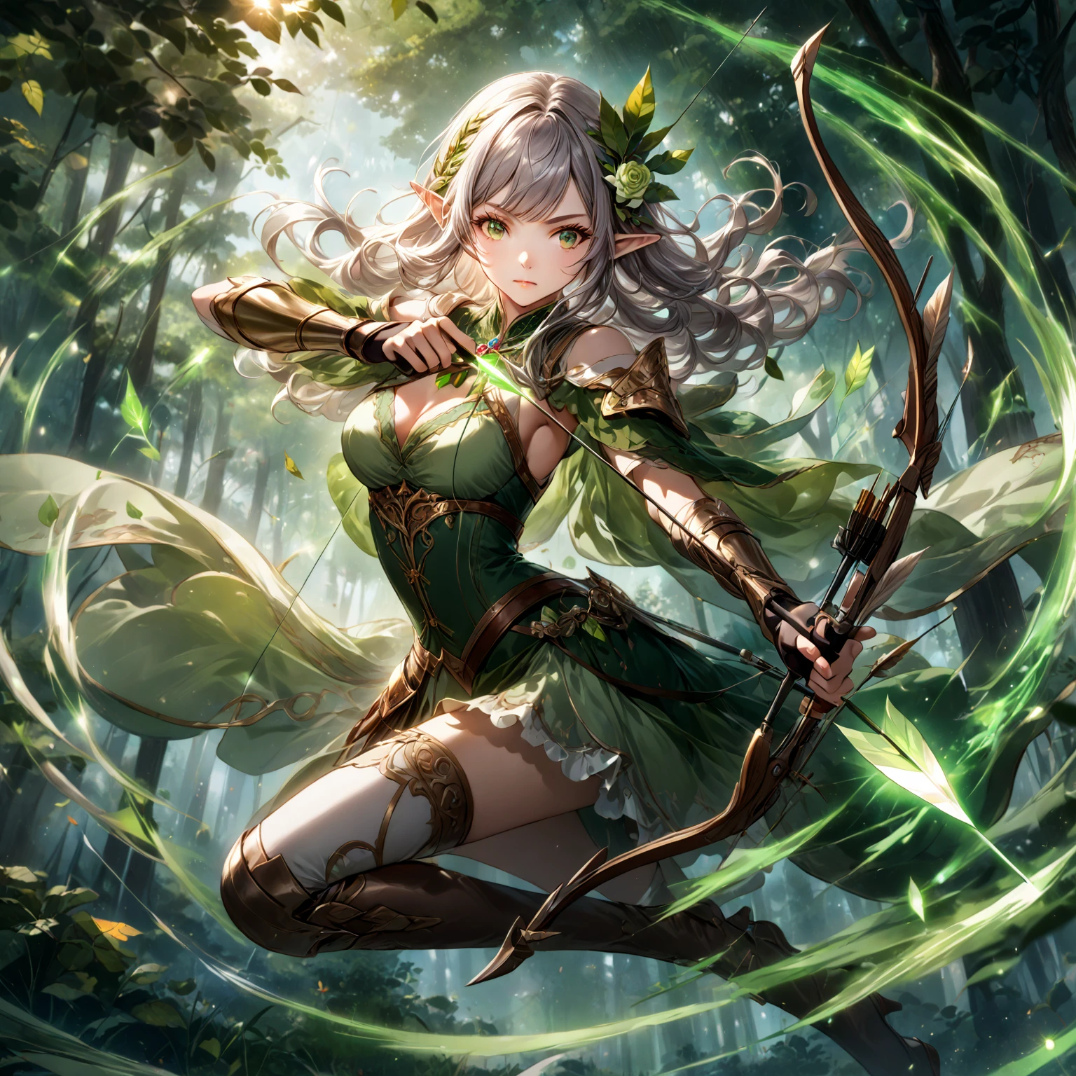 score_9_up, score_9, score_8_up, score_7_up, source_anime,masterpiece, best quality, high resolution, extremely detailed CG, absurdres, highres, 1girl, solo, in the daytime forest, a elf girl, dressed in shoulderless light armor and thigh boots, takes aim at the sky with a bow and arrow, spinning green light effects around the arrow, swirling winds around her, leaves and light effects flying everywhere. Crown of laurel, jewels decorate, mysterious and holy atmosphere. aiming, archery, arrow \(projectile\), bangs, bow \(weapon\), breasts, closed mouth, corset, drawing bow, dress, elf, fingerless gloves, floating hair, flower, forest, gloves, green dress, green eyes, grey hair, hair flower, hair ornament, holding, holding arrow, holding bow \(weapon\), holding weapon, leaf, light particles, long hair, looking away, looking to the side, nature, outdoors, outstretched arm, pointy ears, quiver, rose, serious, solo, watermark, weapon