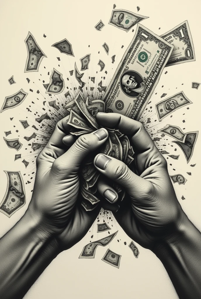 hands tearing money bills 