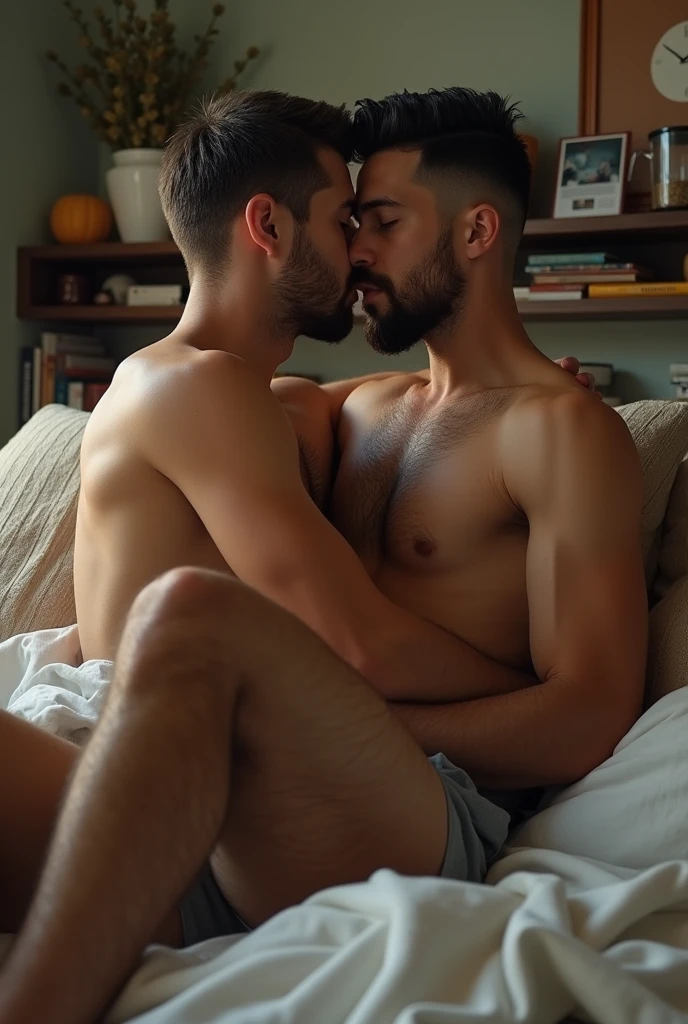 masterpiece, Homosexual couple, Two 20-year-old men, beautiful faces, athletic bodies, hairy armpits, short facial hair, anal sex, bed, college bedroom