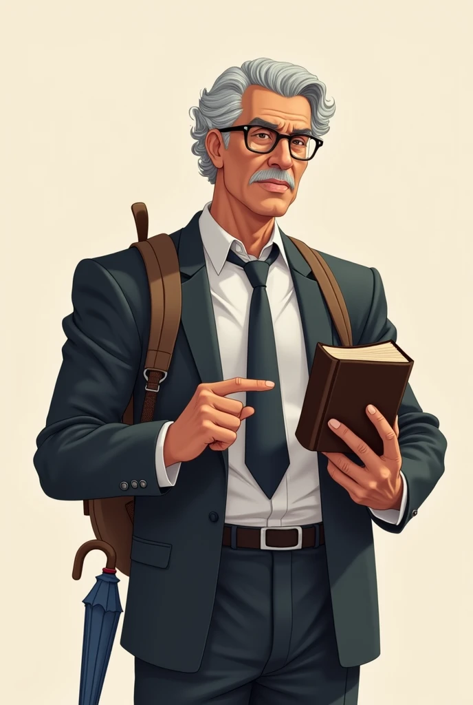 Create an anime style image of a 63 year old Latino man,brown skin, using reading glasses, gray curly hair, Side-parted hairstyle and formal dress, holding a bible in his left hand and pointing at the bible with his index finger of his right hand, smiling placidly, He doesn't have a beard or a moustache and looks clean shaven., In the book it should only say BIBLE,without images, He carries a backpack and an umbrella hanging from the same backpack