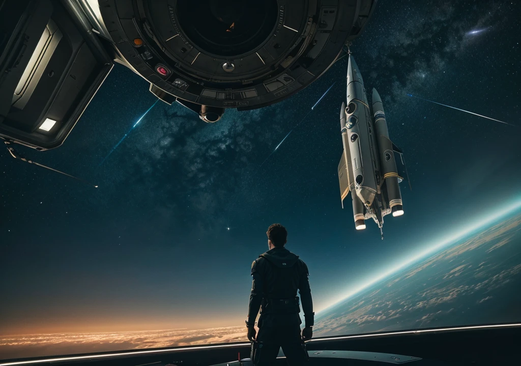 Generate a to hang product of smart watch at  cinematic Moody of space with the spaceship in background also look like film cinematic look in the highlight